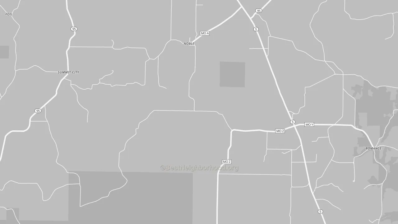 Walk Grade map of Noble, MO, walkable areas in green and car-dependent areas in red