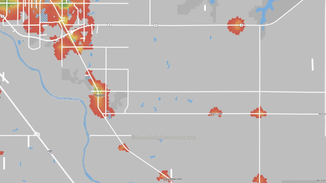 Walk Grade map of Noble, OK, walkable areas in green and car-dependent areas in red