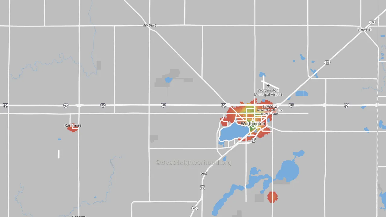 Walk Grade map of Nobles County, MN, walkable areas in green and car-dependent areas in red