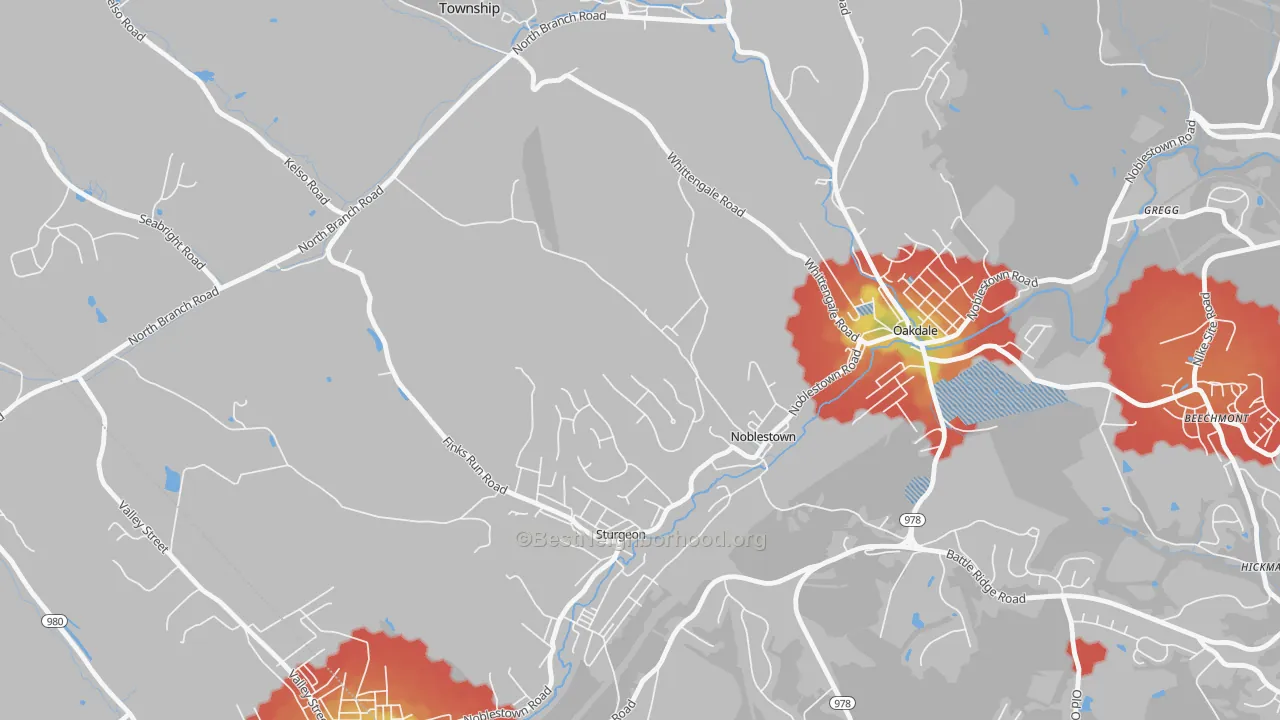 Walk Grade map of Noblestown, PA, walkable areas in green and car-dependent areas in red