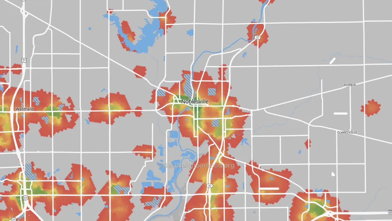 Walk Grade map of Noblesville, IN, walkable areas in green and car-dependent areas in red