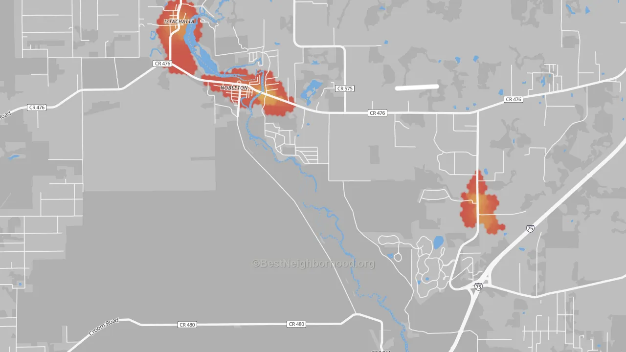 Walk Grade map of Nobleton, FL, walkable areas in green and car-dependent areas in red