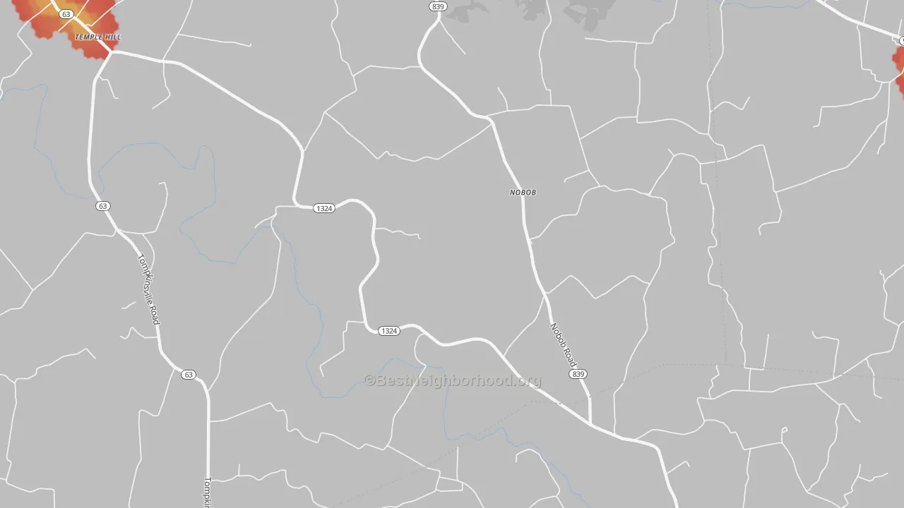 Walk Grade map of Nobob, KY, walkable areas in green and car-dependent areas in red