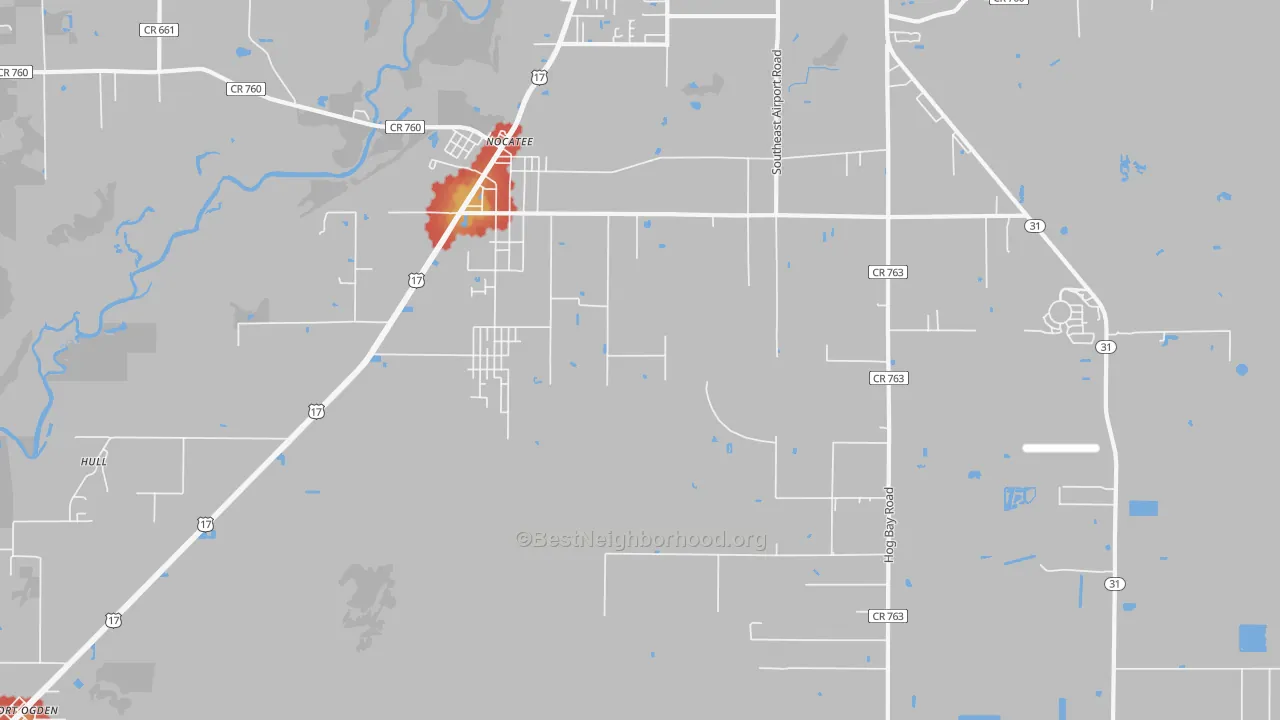 Walk Grade map of Nocatee, FL, walkable areas in green and car-dependent areas in red
