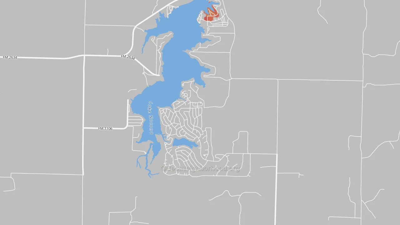 Walk Grade map of Nocona Hills, TX, walkable areas in green and car-dependent areas in red