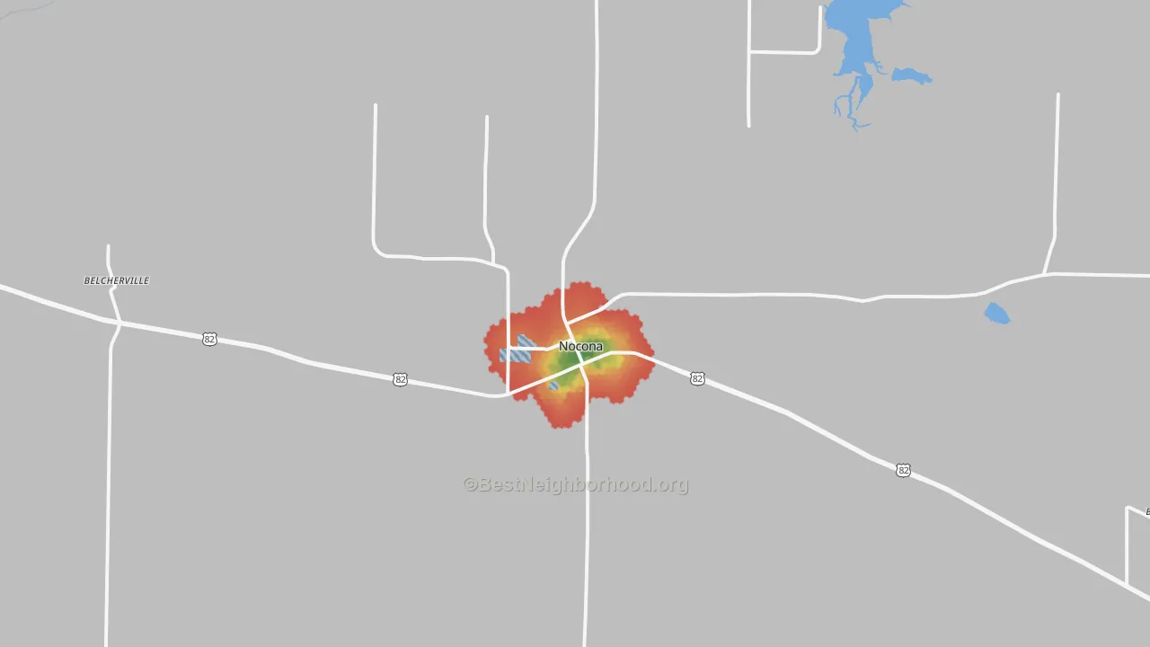 Walk Grade map of Nocona, TX, walkable areas in green and car-dependent areas in red
