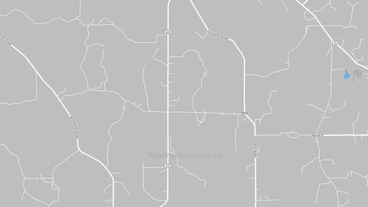 Walk Grade map of Nod, MS, walkable areas in green and car-dependent areas in red