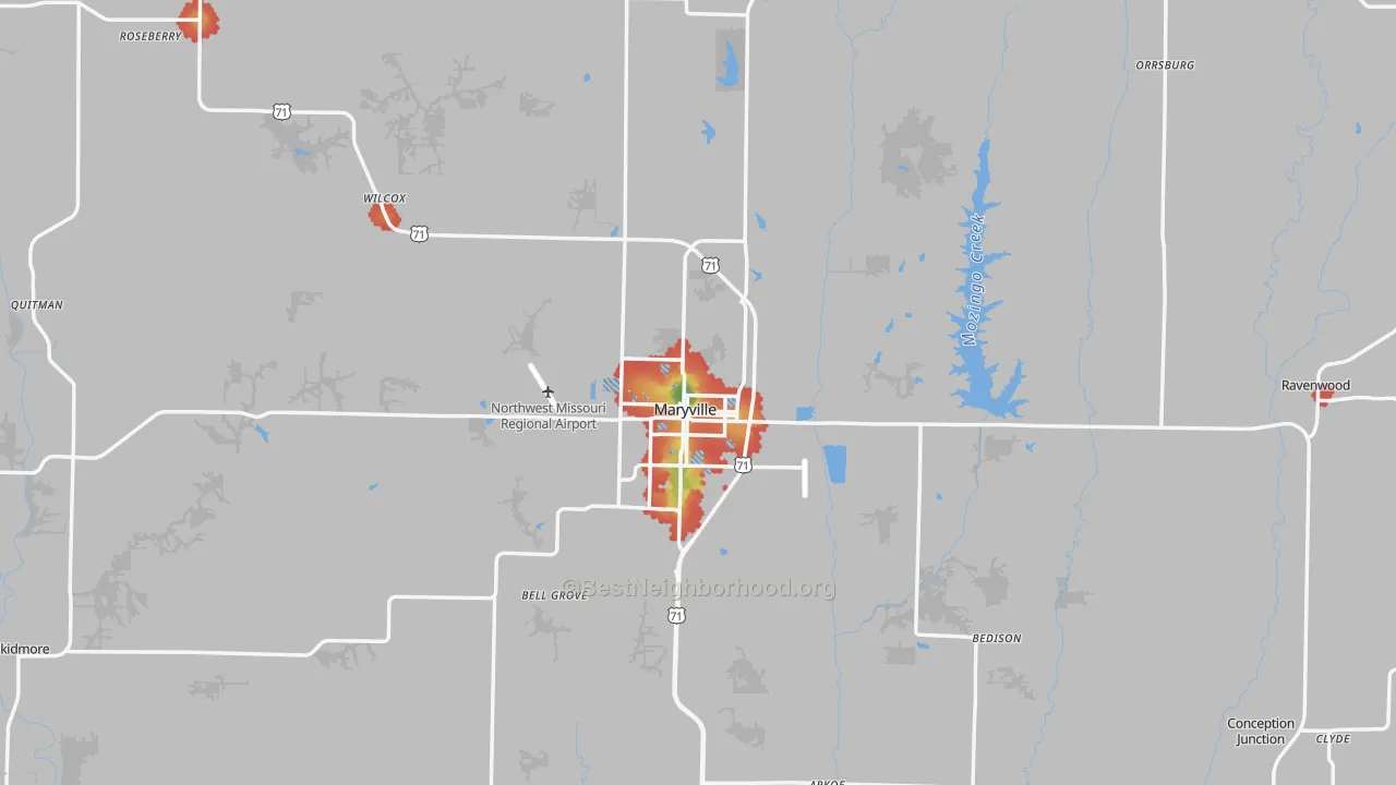 Walk Grade map of Nodaway County, MO, walkable areas in green and car-dependent areas in red