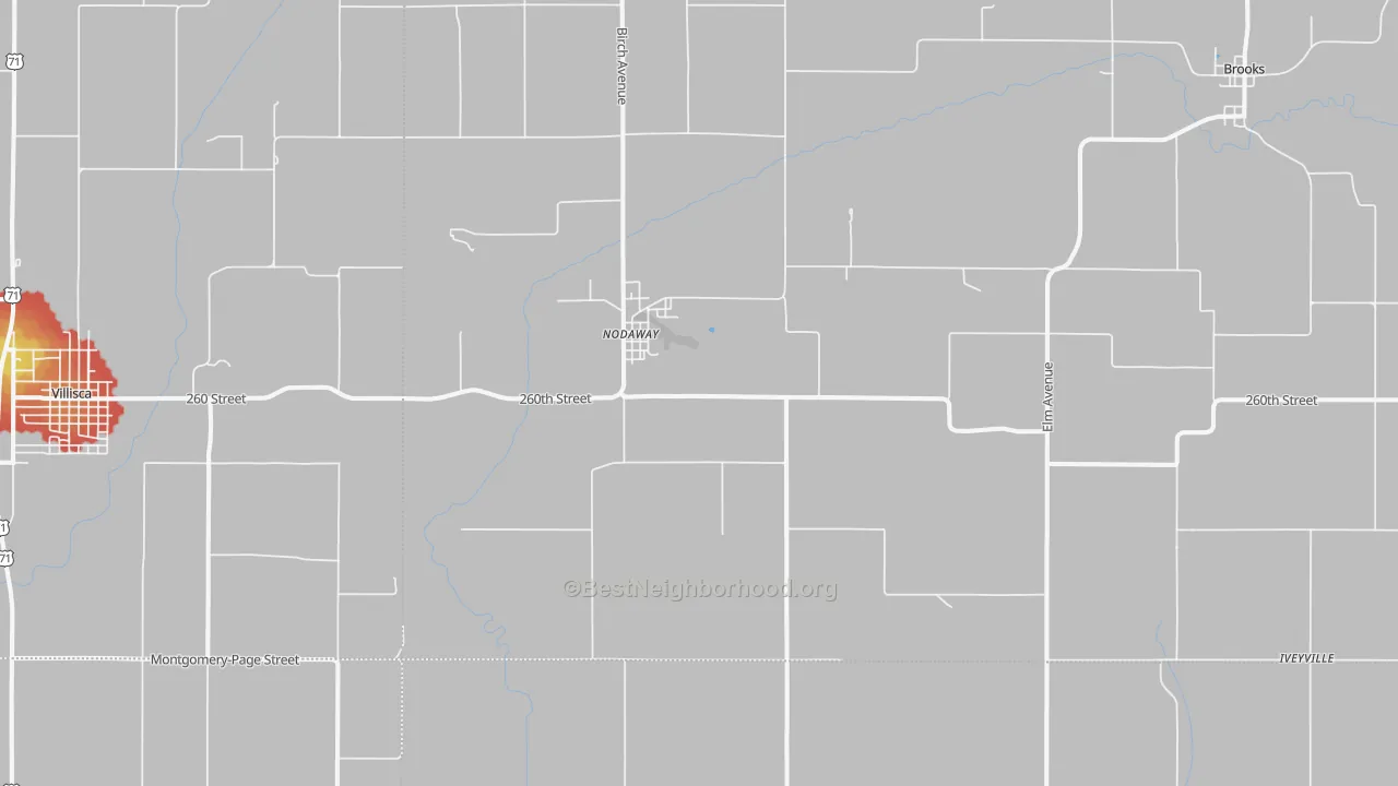 Walk Grade map of Nodaway, IA, walkable areas in green and car-dependent areas in red