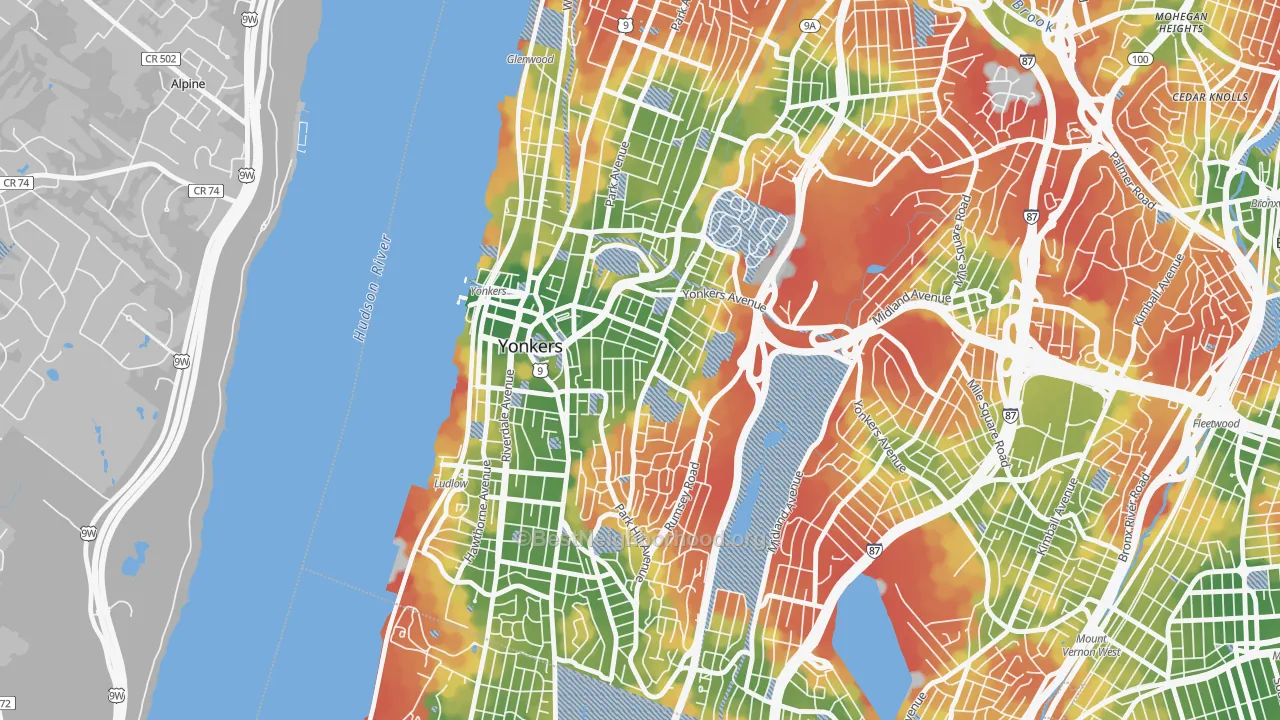 Walk Grade map of Nodine Hill, Yonkers, NY, walkable areas in green and car-dependent areas in red