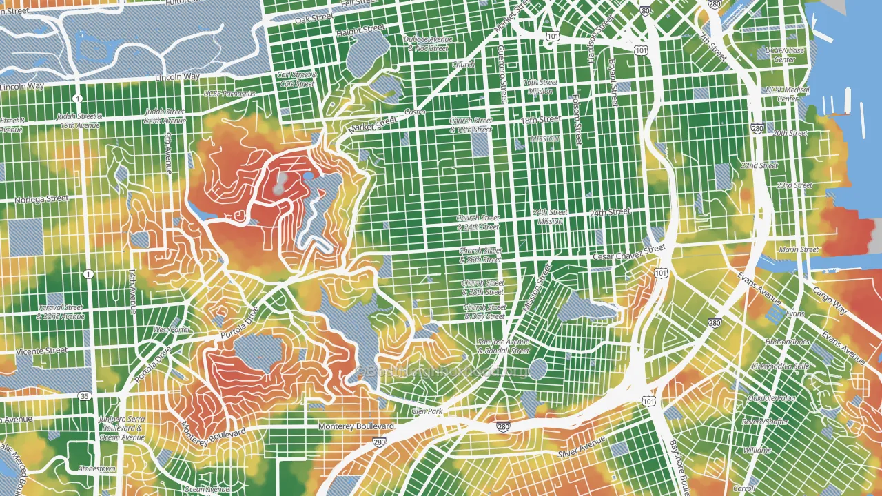 Walk Grade map of Noe Valley, San Francisco, CA, walkable areas in green and car-dependent areas in red