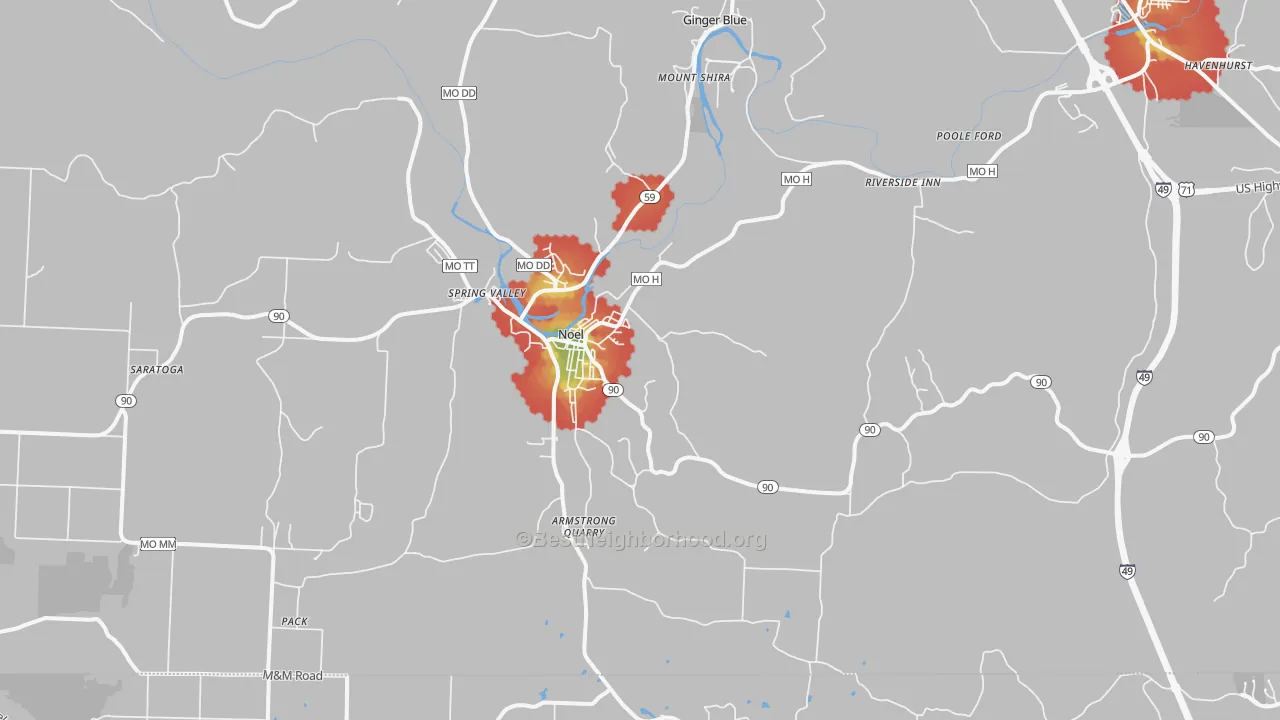 Walk Grade map of Noel, MO, walkable areas in green and car-dependent areas in red