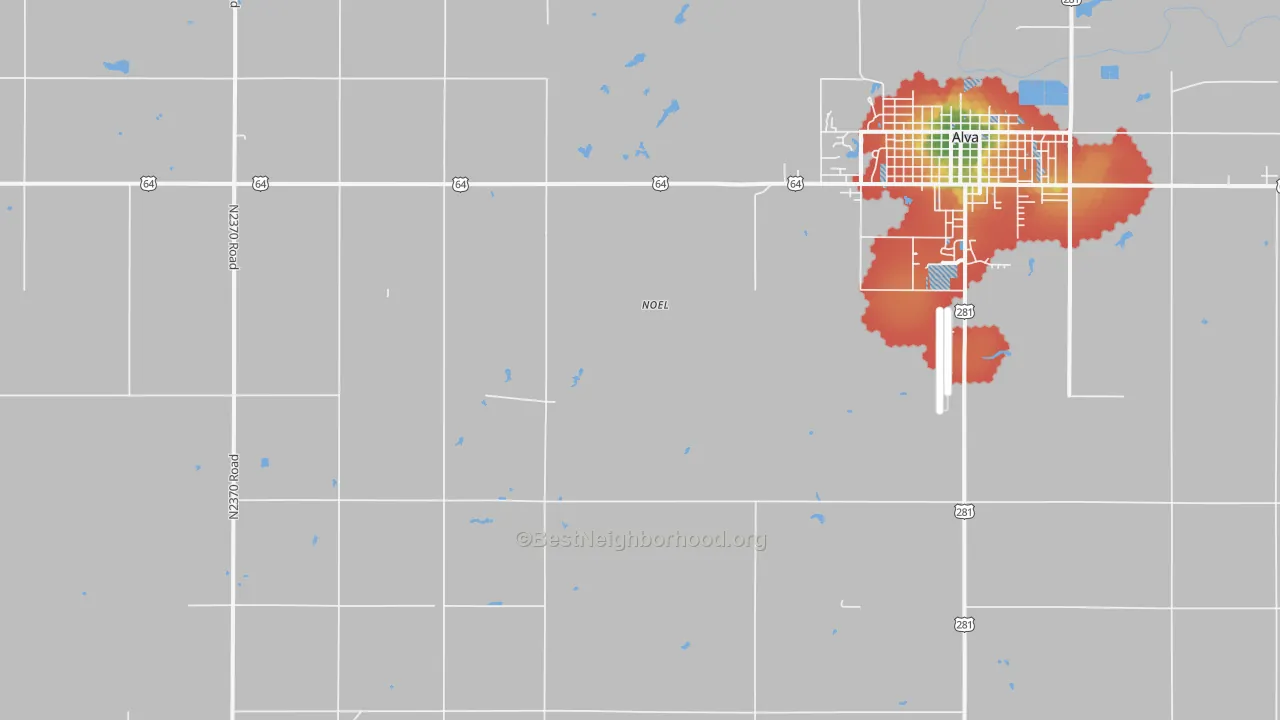 Walk Grade map of Noel, OK, walkable areas in green and car-dependent areas in red