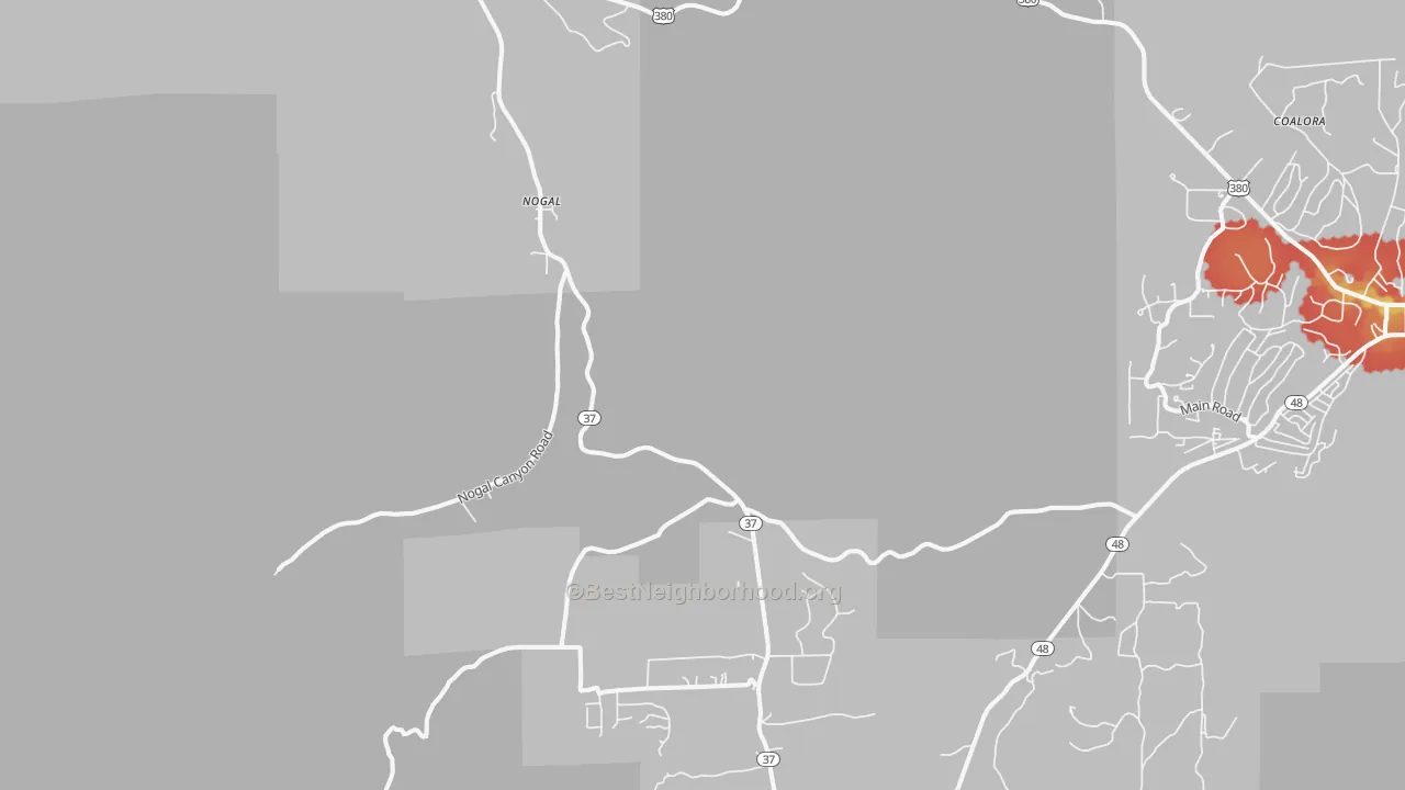Walk Grade map of Nogal, NM, walkable areas in green and car-dependent areas in red