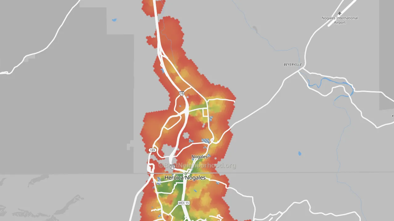 Walk Grade map of Nogales, AZ, walkable areas in green and car-dependent areas in red
