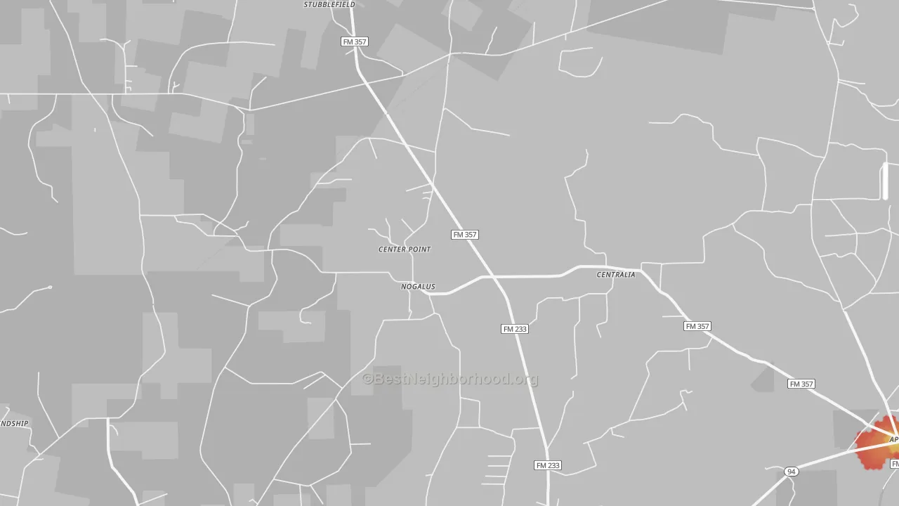 Walk Grade map of Nogalus, TX, walkable areas in green and car-dependent areas in red