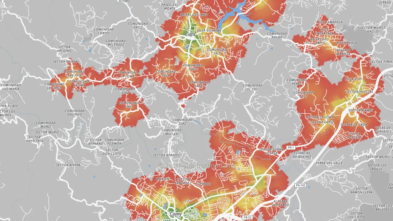 Walk Grade map of Nogueras, PR, walkable areas in green and car-dependent areas in red