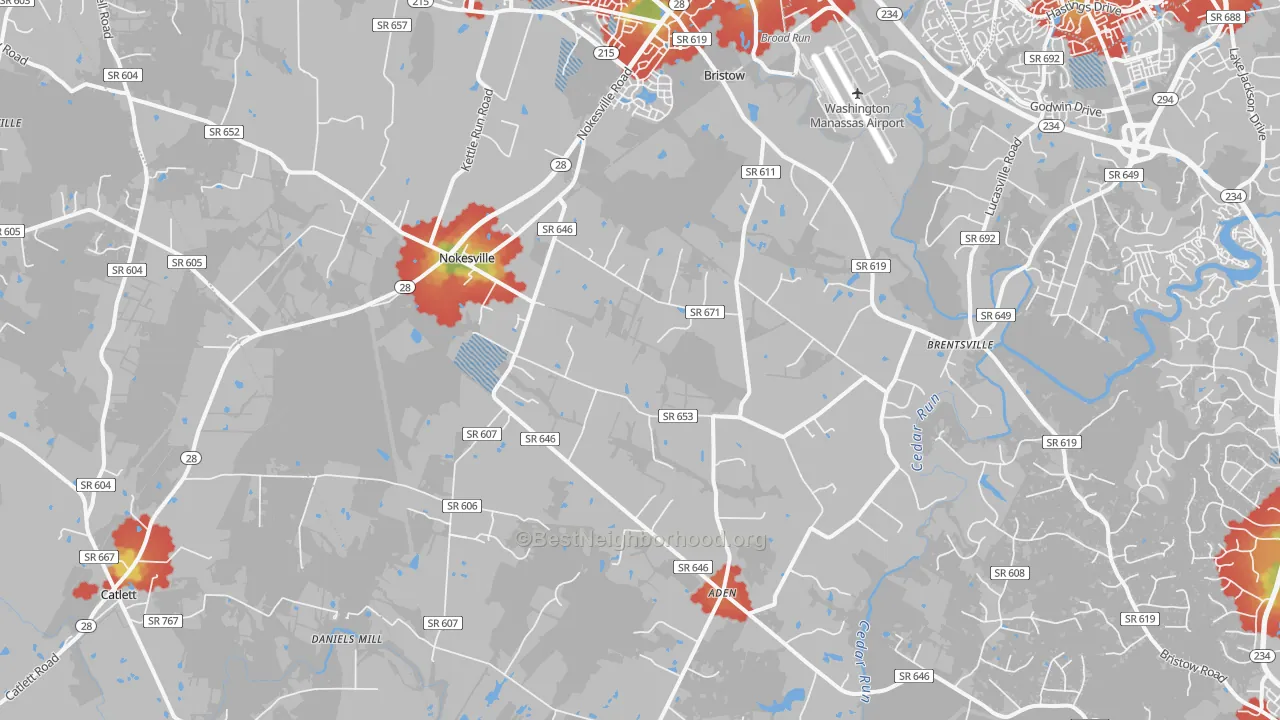 Walk Grade map of Nokesville, VA, walkable areas in green and car-dependent areas in red