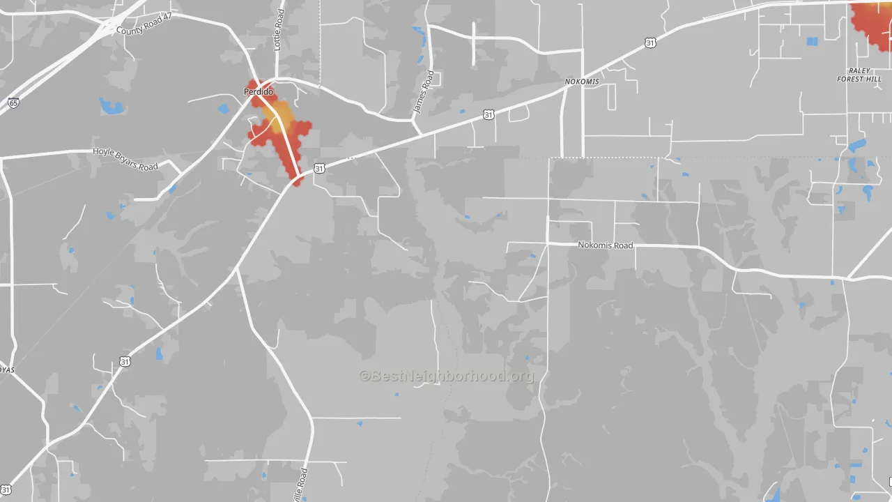 Walk Grade map of Nokomis, AL, walkable areas in green and car-dependent areas in red