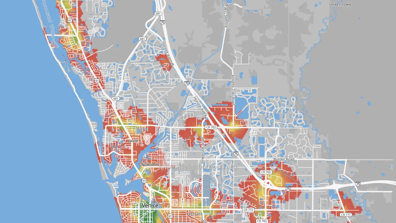 Walk Grade map of Nokomis, FL, walkable areas in green and car-dependent areas in red