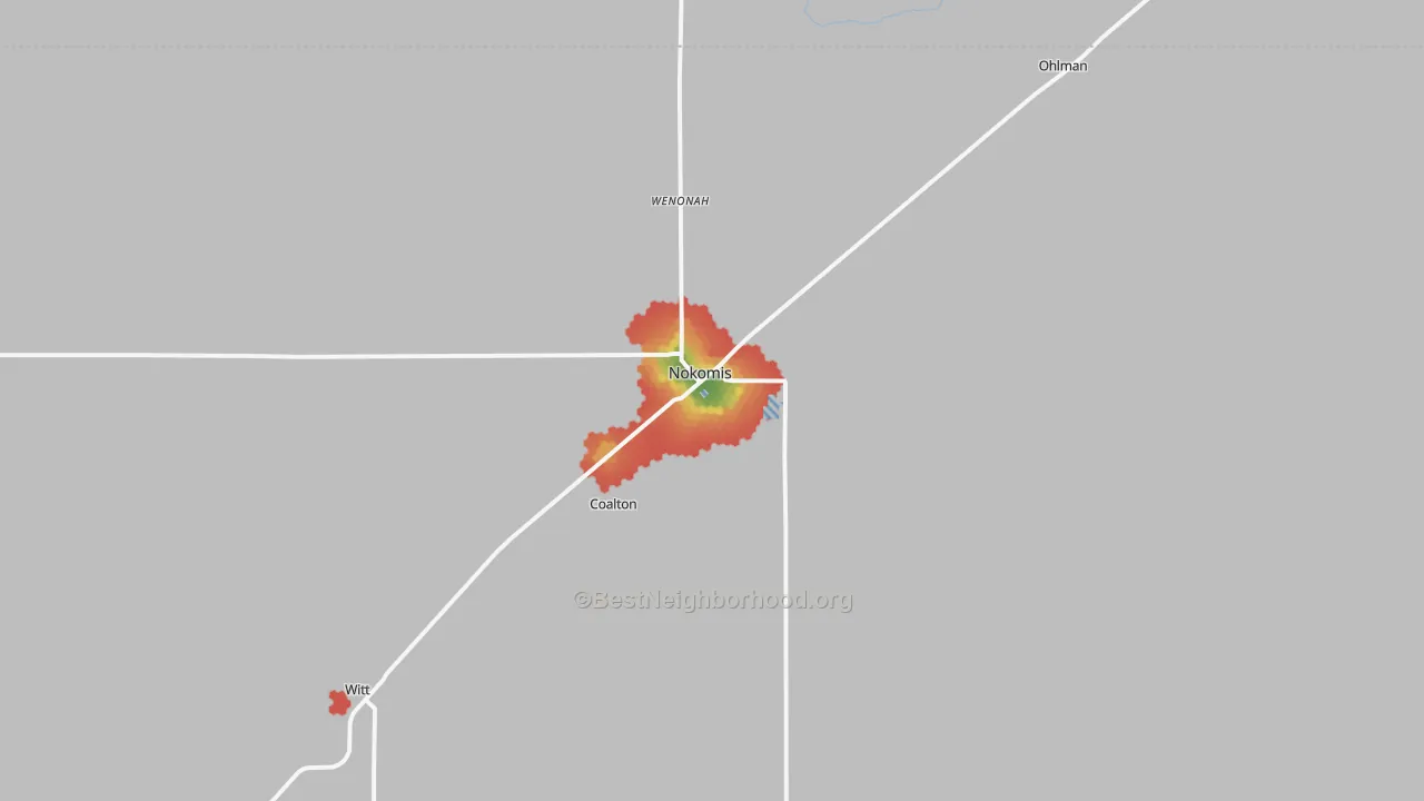 Walk Grade map of Nokomis, IL, walkable areas in green and car-dependent areas in red