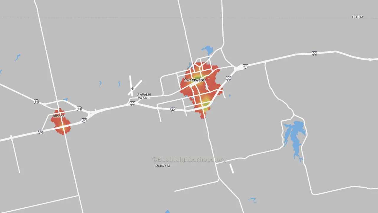Walk Grade map of Nolan County, TX, walkable areas in green and car-dependent areas in red