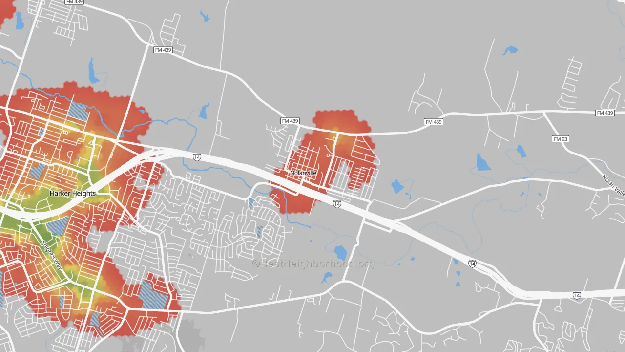 Walk Grade map of Nolanville, TX, walkable areas in green and car-dependent areas in red