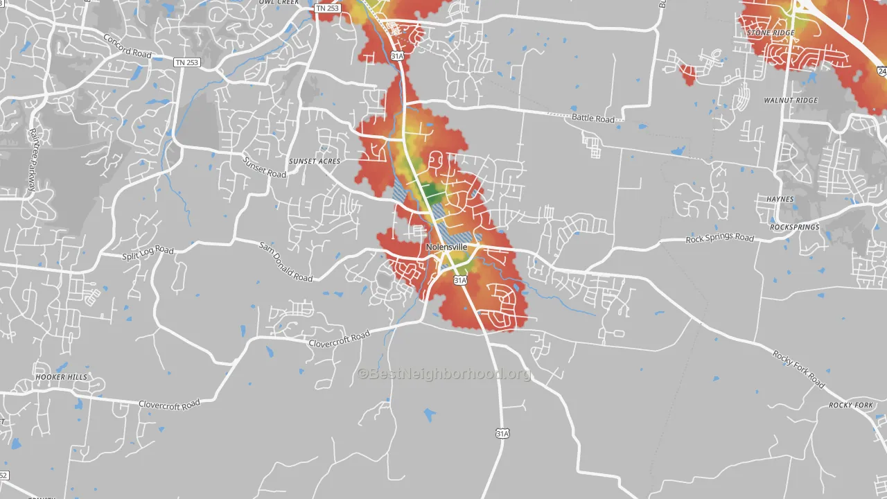 Walk Grade map of Nolensville, TN, walkable areas in green and car-dependent areas in red