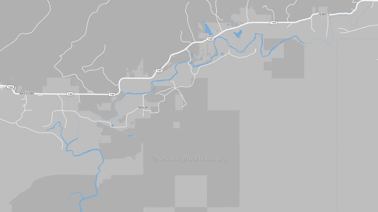 Walk Grade map of Nolia, OK, walkable areas in green and car-dependent areas in red