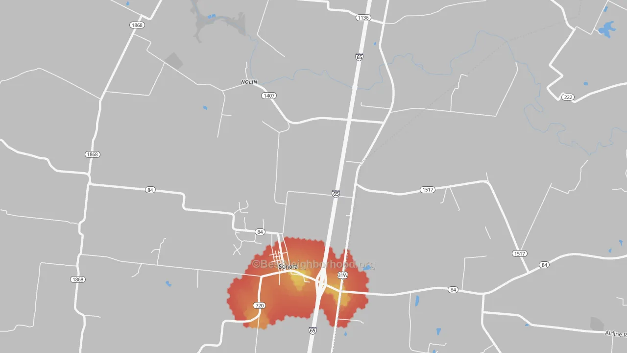 Walk Grade map of Nolin, KY, walkable areas in green and car-dependent areas in red