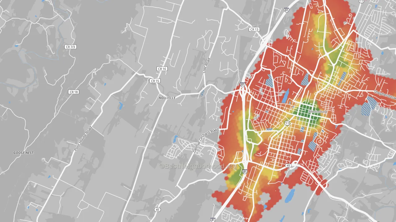 Walk Grade map of Nollville, Martinsburg, WV, walkable areas in green and car-dependent areas in red