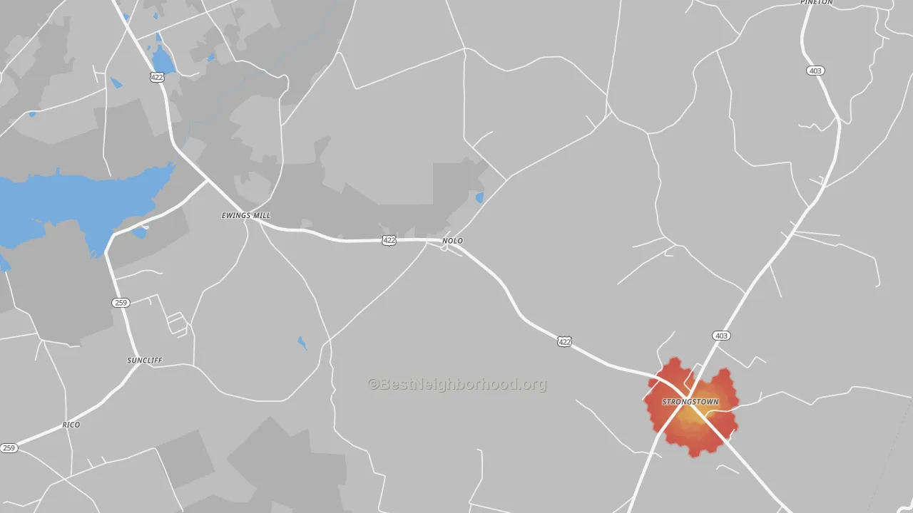 Walk Grade map of Nolo, PA, walkable areas in green and car-dependent areas in red