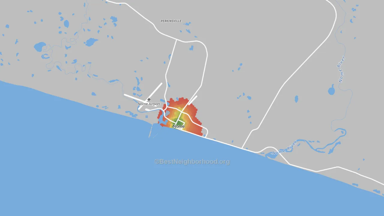 Walk Grade map of Nome, AK, walkable areas in green and car-dependent areas in red