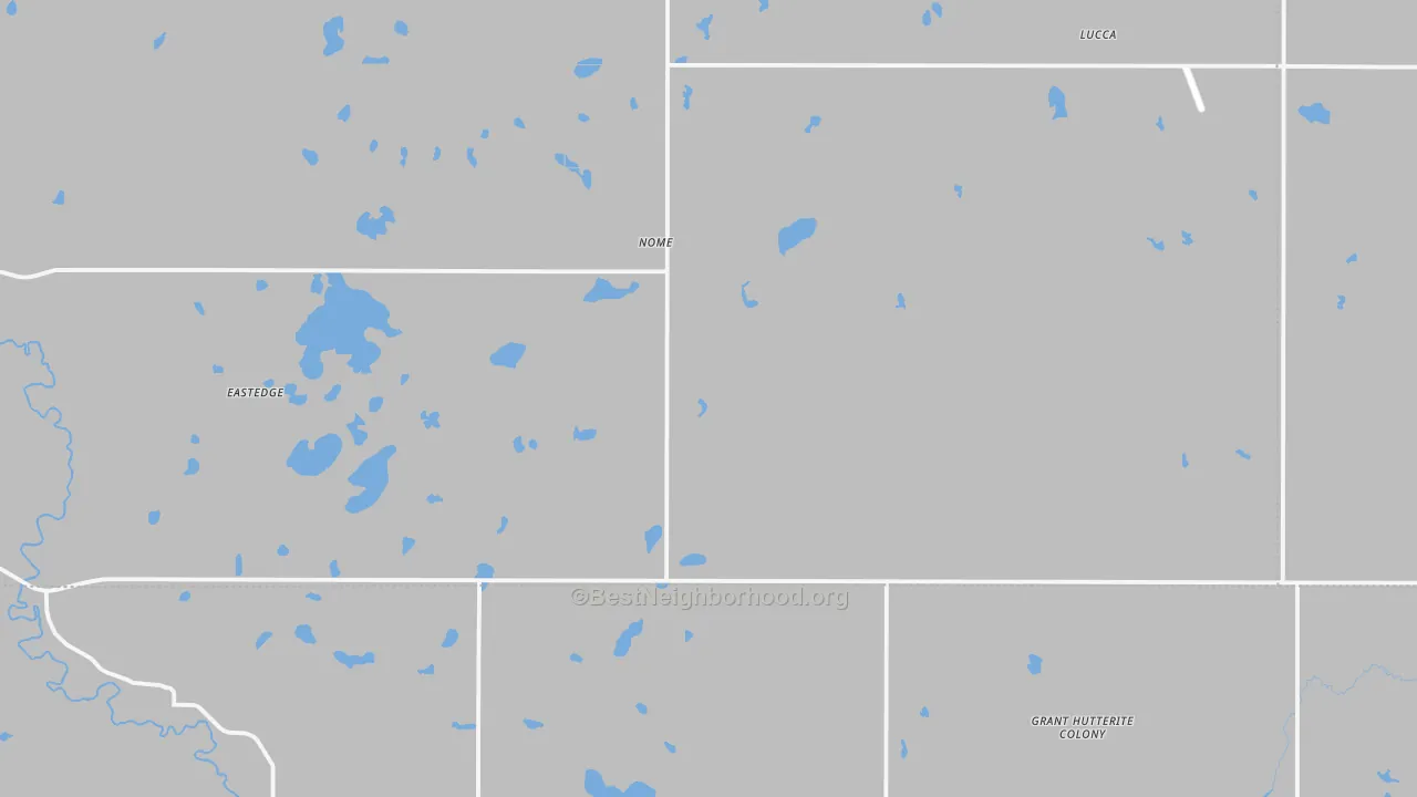 Walk Grade map of Nome, ND, walkable areas in green and car-dependent areas in red