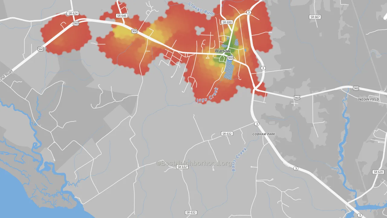 Walk Grade map of Nomini Grove, VA, walkable areas in green and car-dependent areas in red
