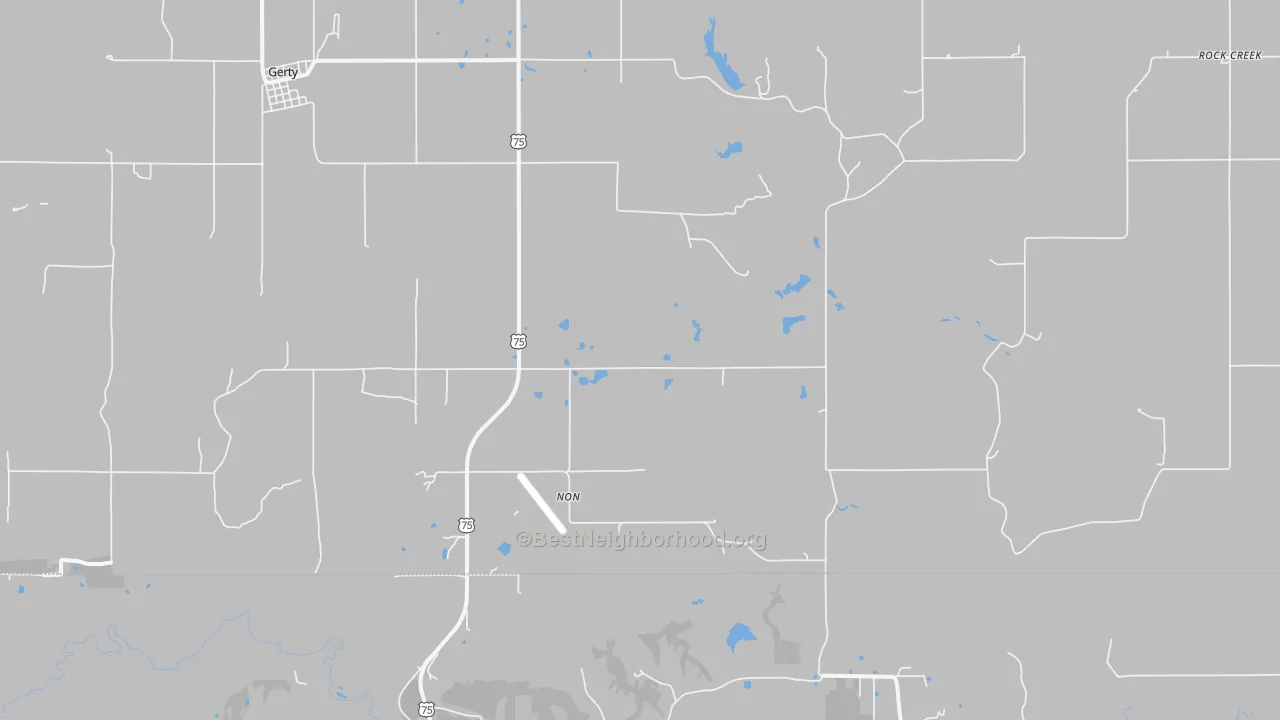 Walk Grade map of Non, OK, walkable areas in green and car-dependent areas in red