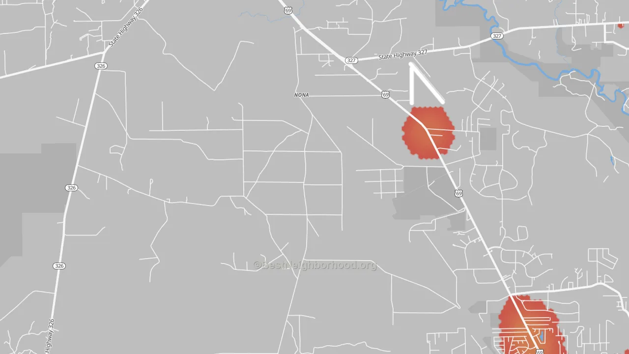 Walk Grade map of Nona, TX, walkable areas in green and car-dependent areas in red