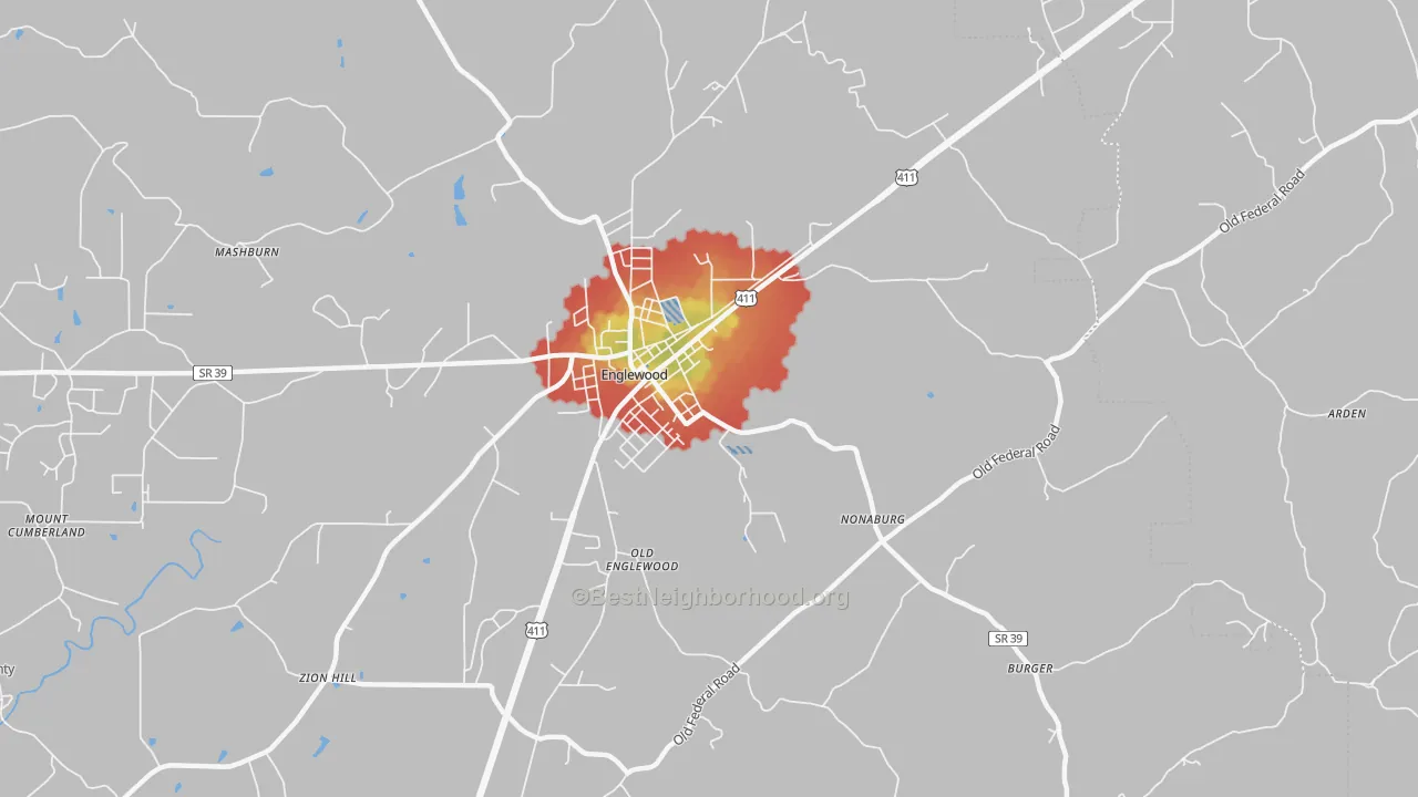 Walk Grade map of Nonaburg, TN, walkable areas in green and car-dependent areas in red