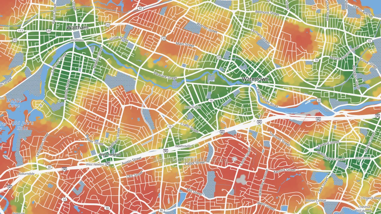 Walk Grade map of Nonantum, Newton, MA, walkable areas in green and car-dependent areas in red