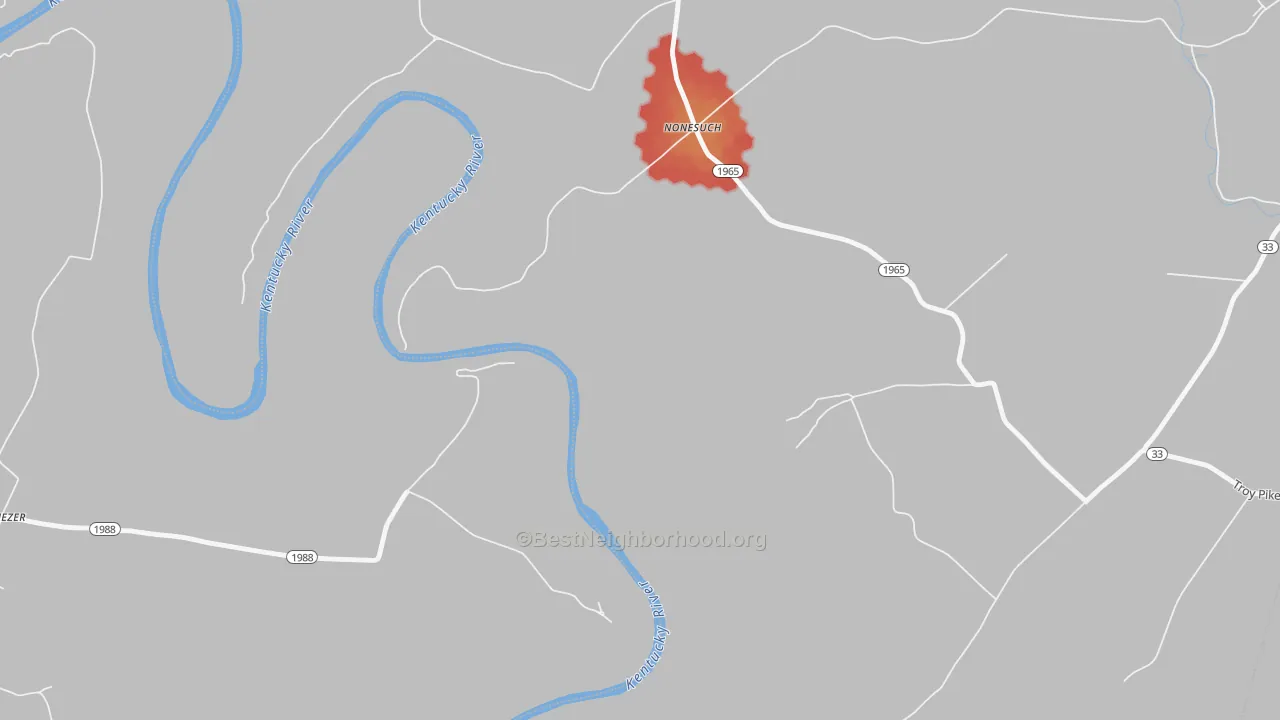 Walk Grade map of Nonesuch, KY, walkable areas in green and car-dependent areas in red