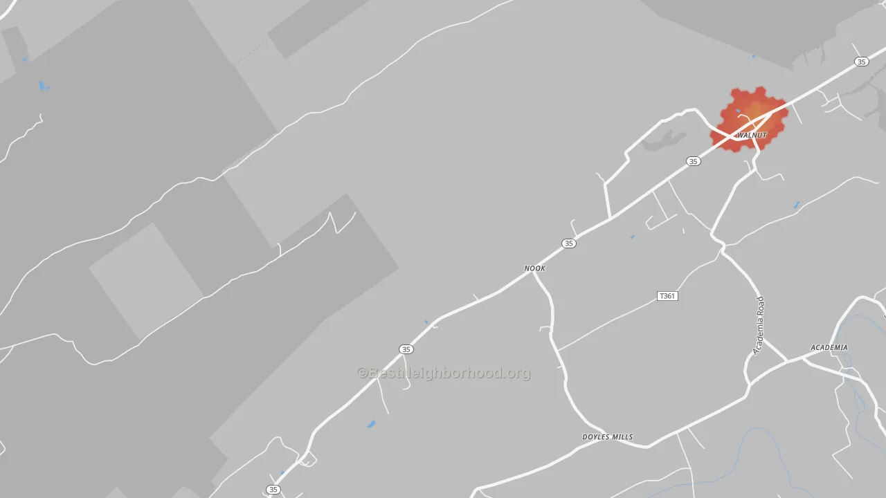 Walk Grade map of Nook, PA, walkable areas in green and car-dependent areas in red