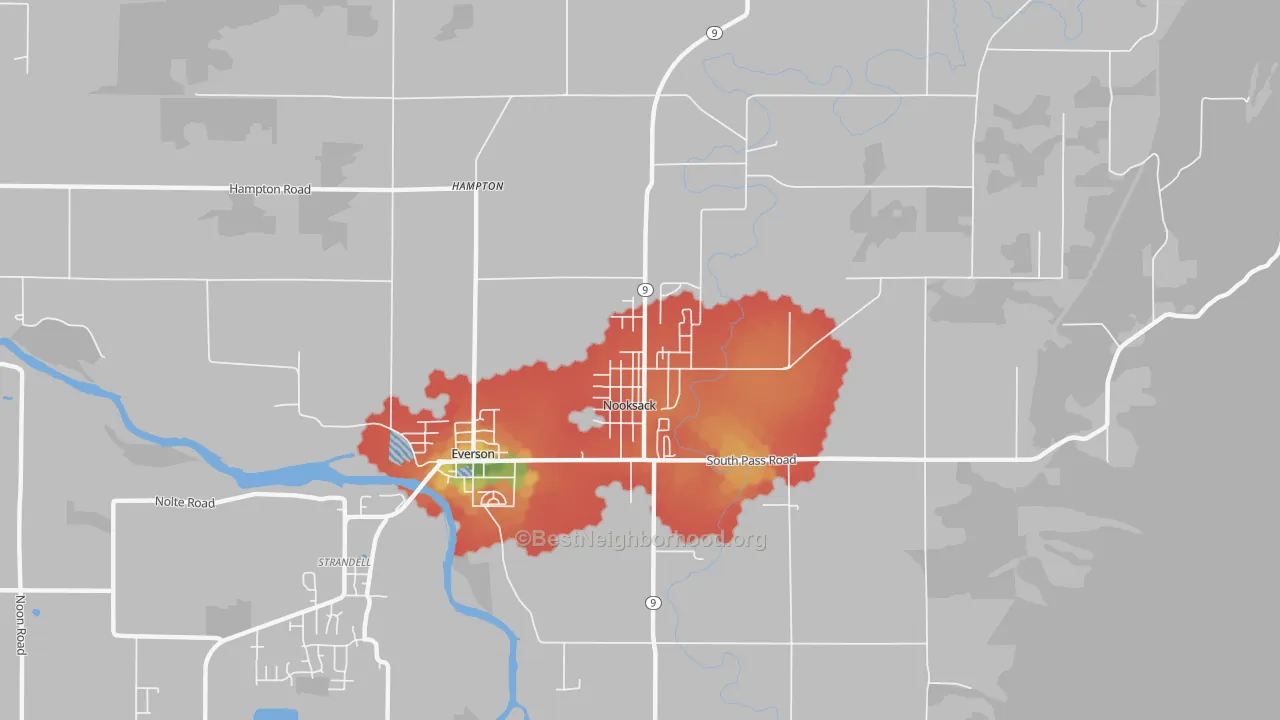 Walk Grade map of Nooksack, WA, walkable areas in green and car-dependent areas in red