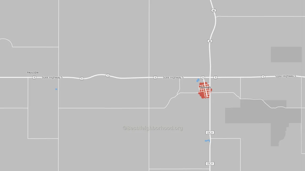 Walk Grade map of Noonan, ND, walkable areas in green and car-dependent areas in red