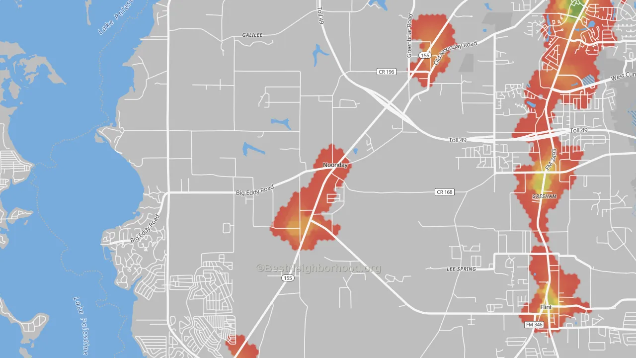 Walk Grade map of Noonday, TX, walkable areas in green and car-dependent areas in red