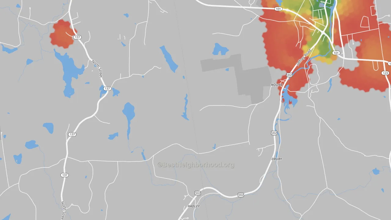 Walk Grade map of Noone, NH, walkable areas in green and car-dependent areas in red