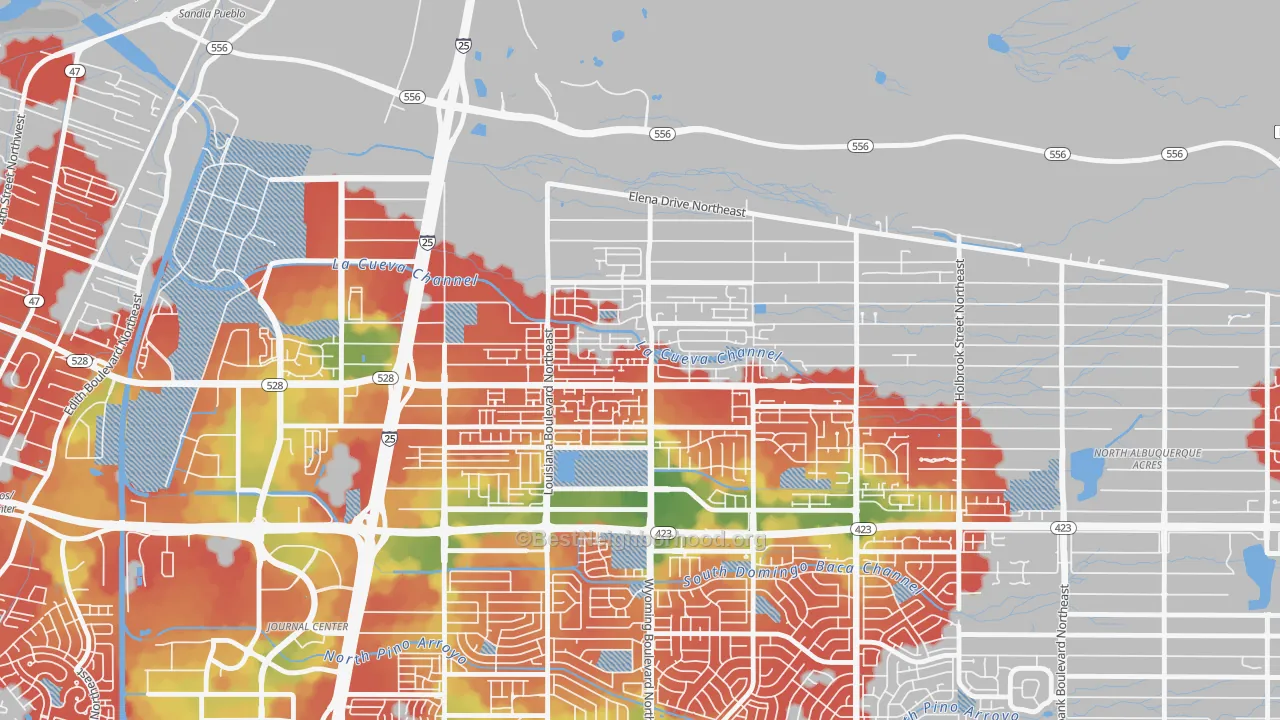 Walk Grade map of Nor Este, Albuquerque, NM, walkable areas in green and car-dependent areas in red