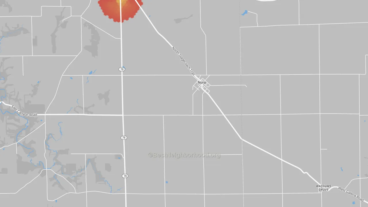 Walk Grade map of Nora, IL, walkable areas in green and car-dependent areas in red