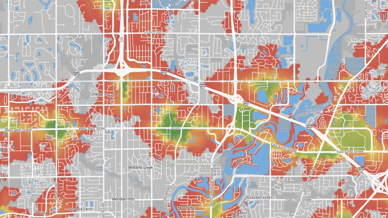 Walk Grade map of Nora, Indianapolis, IN, walkable areas in green and car-dependent areas in red