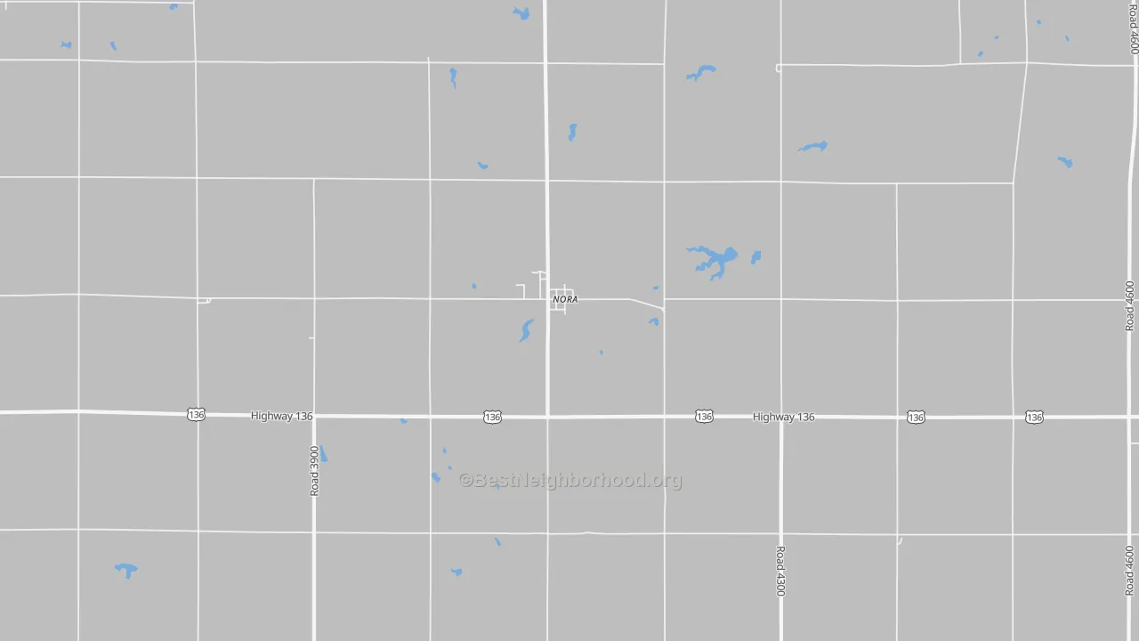 Walk Grade map of Nora, NE, walkable areas in green and car-dependent areas in red