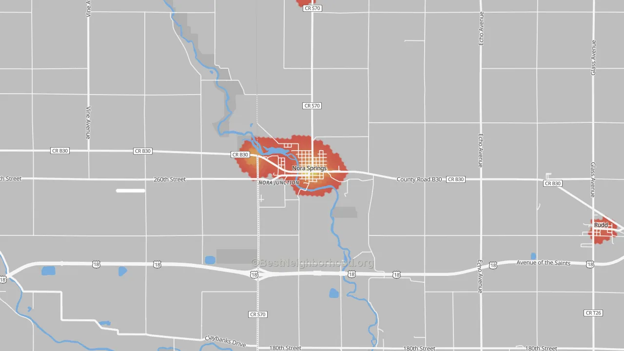 Walk Grade map of Nora Springs, IA, walkable areas in green and car-dependent areas in red